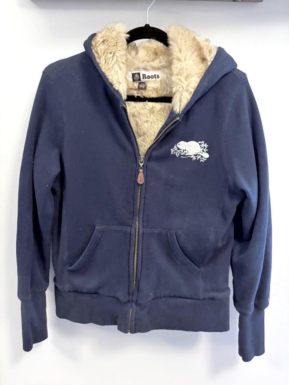 Roots Navy Faux Fur Lined Full Zip Beaver Hoodie Size L